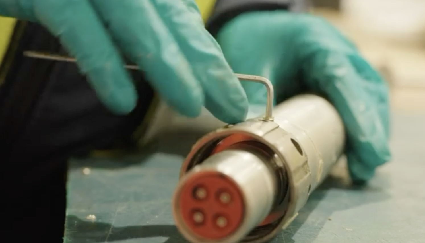 Close-up of subsea connector used for power and signal transmission in subsea control systems