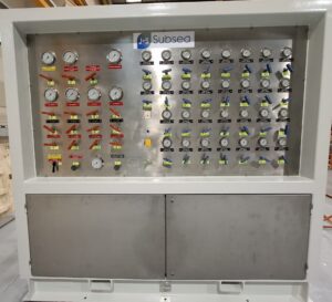J+S Subsea hydraulic control panel used for subsea control system testing, diagnostics and operational support.