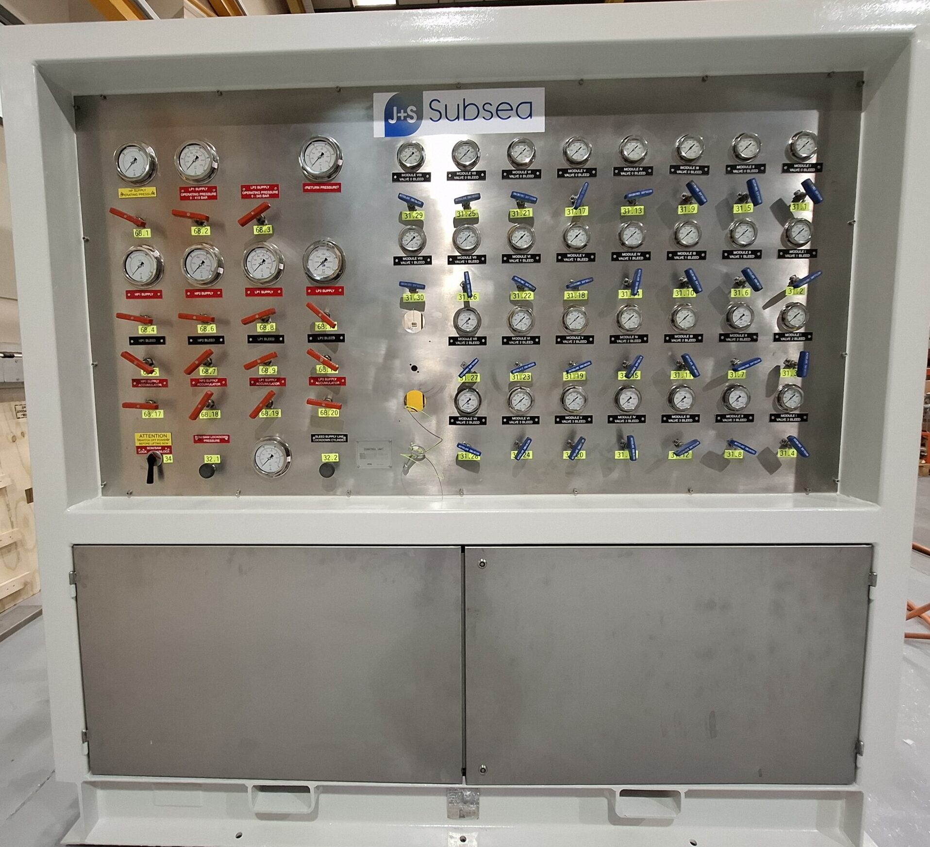 J+S Subsea hydraulic control panel used for subsea control system testing, diagnostics and operational support.